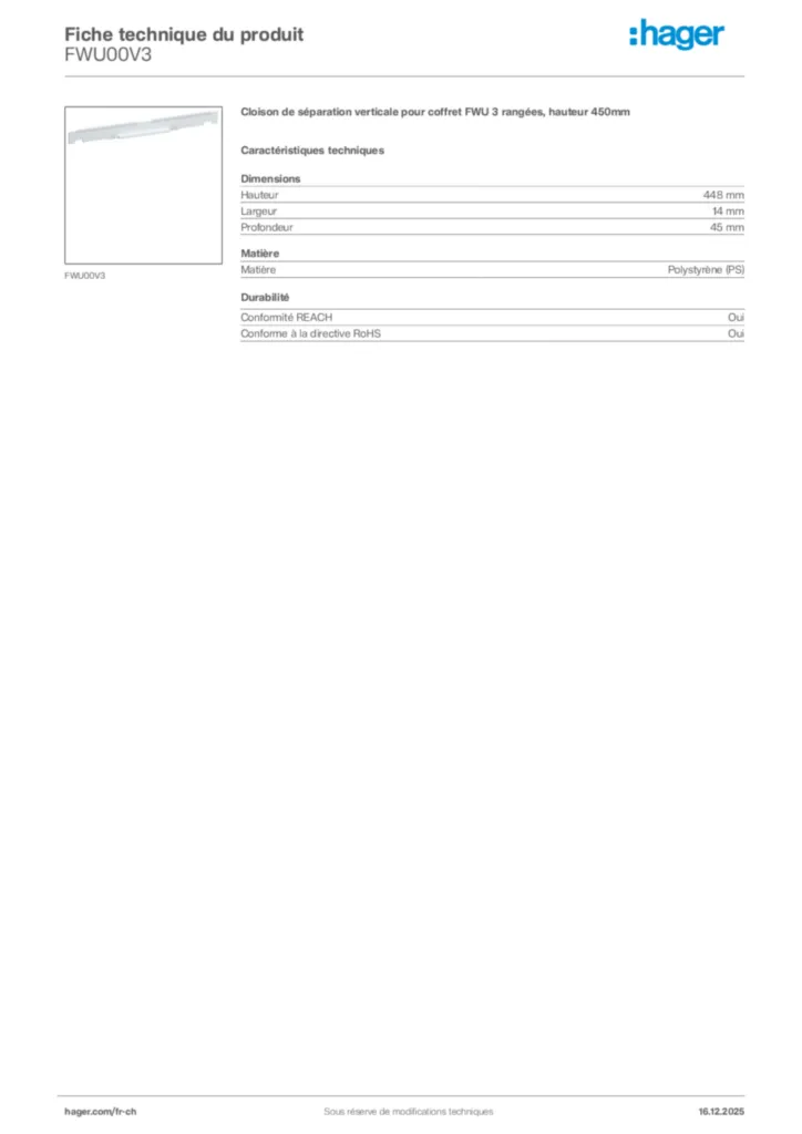 Image Hager Fiche technique du produit FWU00V3 | Hager Suisse