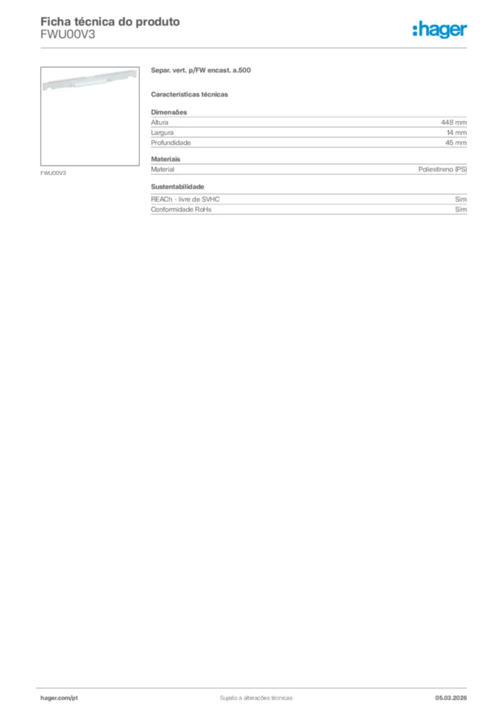 Imagem Hager Ficha técnica do produto FWU00V3 | Hager Portugal
