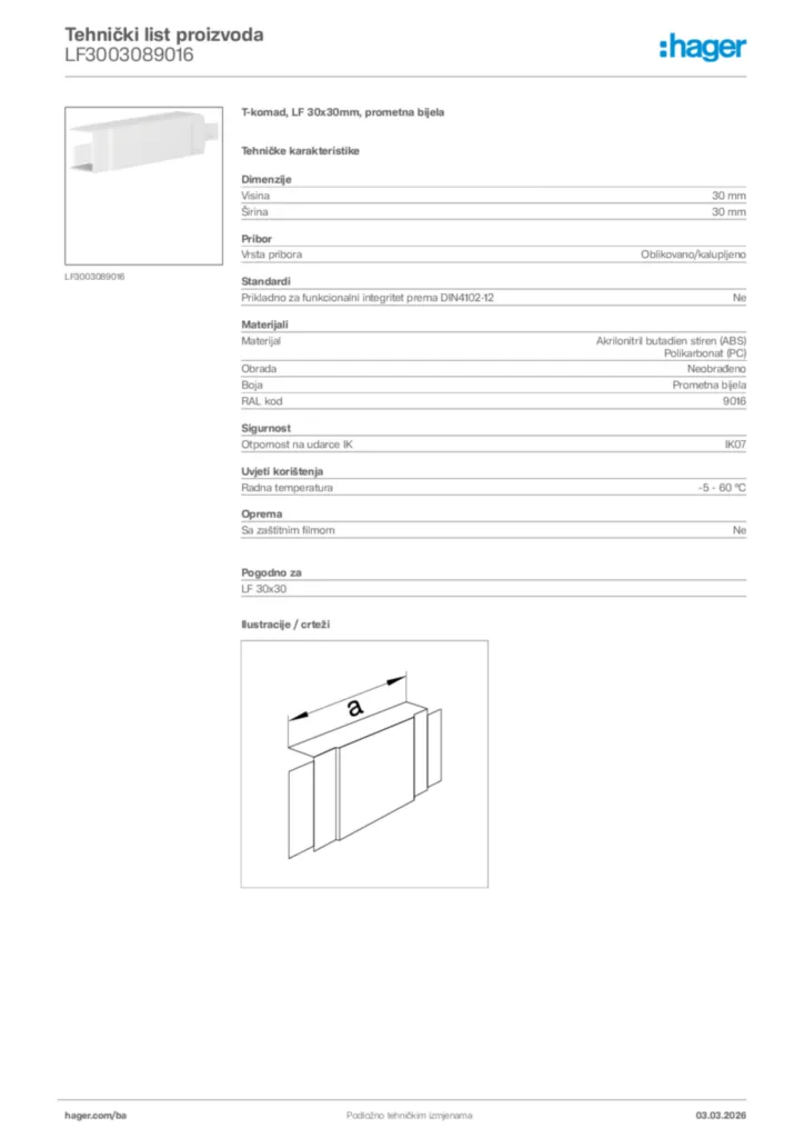 Slika Hager Tehnički list proizvoda LF3003089016  | Hager