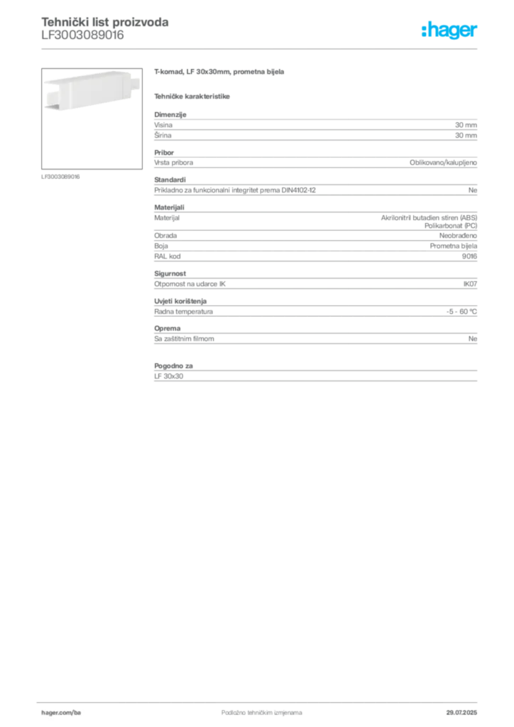 Slika Hager Product data sheet LF3003089016  | Hager