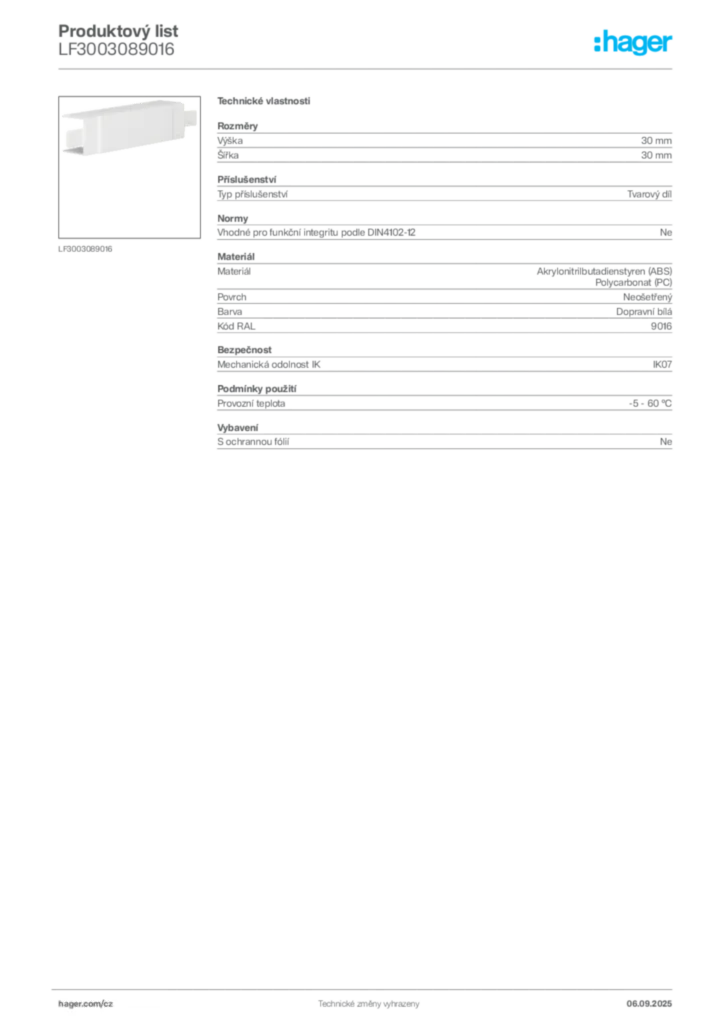 Obrázek Hager Produktový list LF3003089016 | Hager