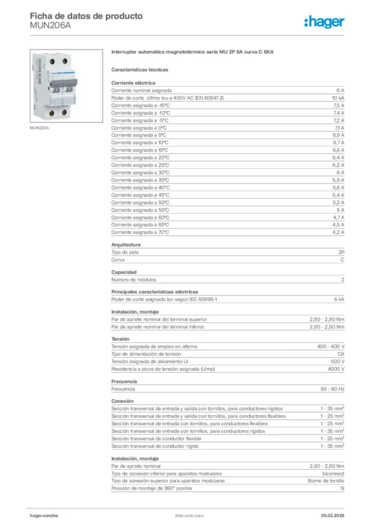 Imagen Hager Ficha de datos de producto MUN206A | Hager España