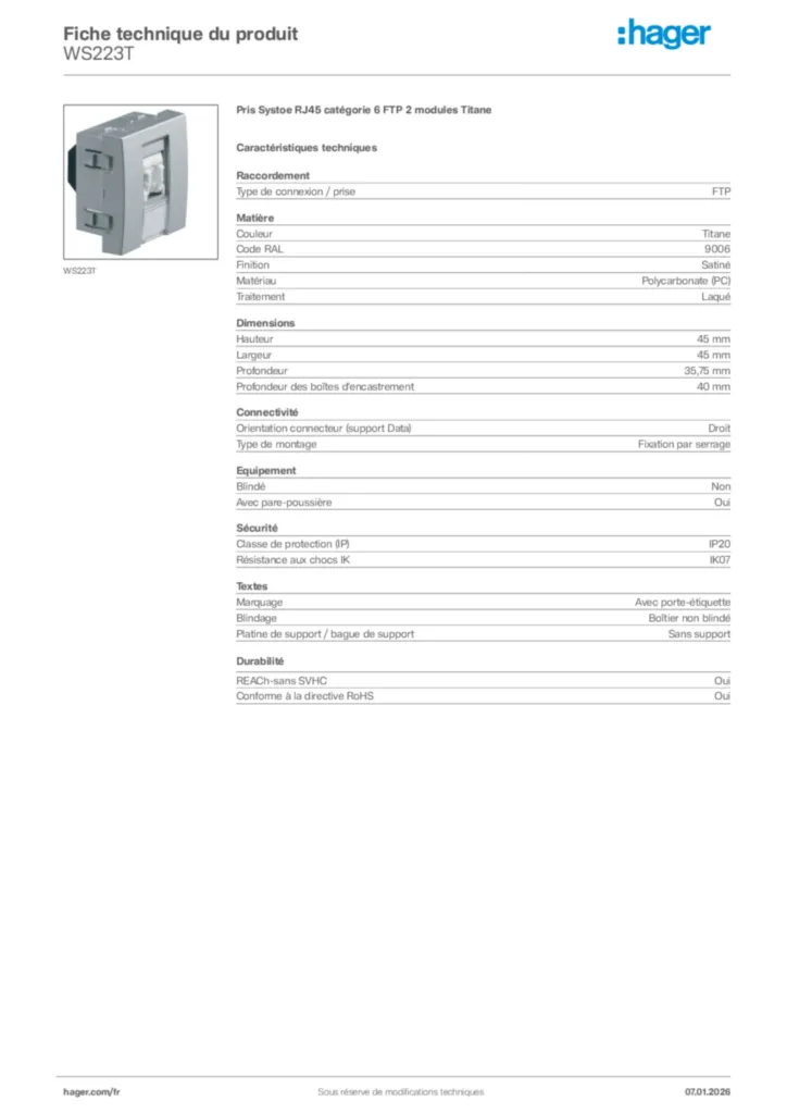 Image Hager Fiche technique du produit WS223T | Hager France