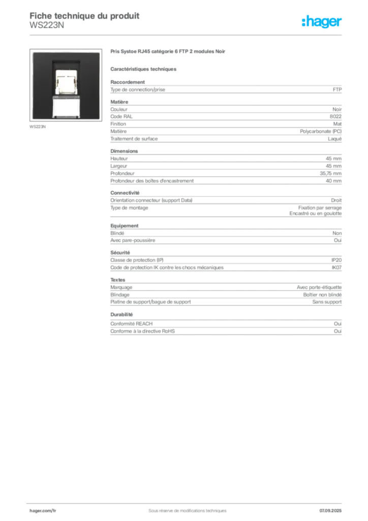 Image Hager Fiche technique du produit WS223N | Hager France