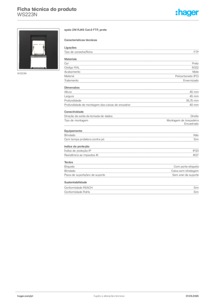 Imagem Hager Ficha técnica do produto WS223N | Hager Portugal