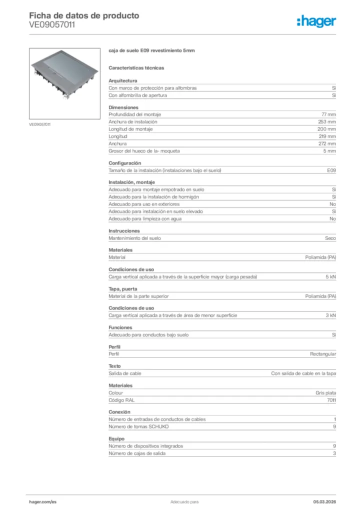 Imagen Hager Ficha de datos de producto VE09057011 | Hager España