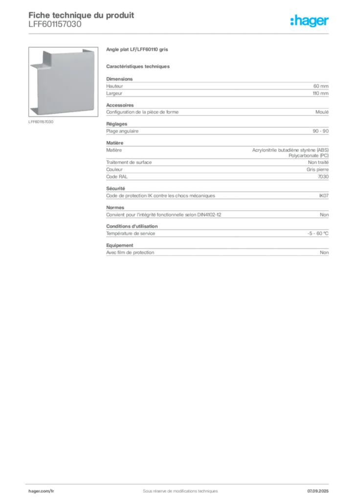 Image Hager Fiche technique du produit LFF601157030 | Hager France