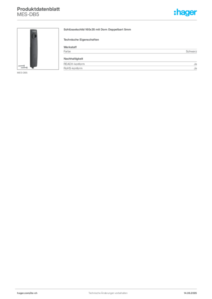 Bild Hager Produktdatenblatt MES-DB5 | Hager Schweiz