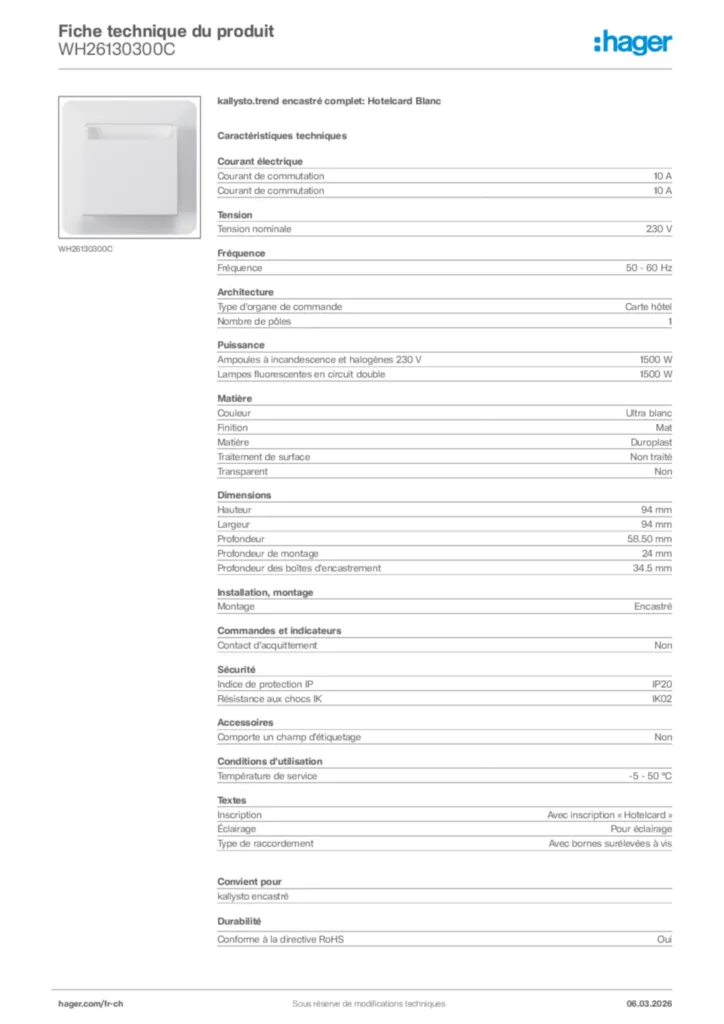 Image Hager Fiche technique du produit WH26130300C | Hager Suisse