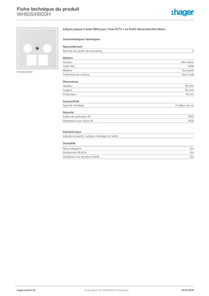 Image Hager Fiche technique du produit WH50541800H | Hager Suisse