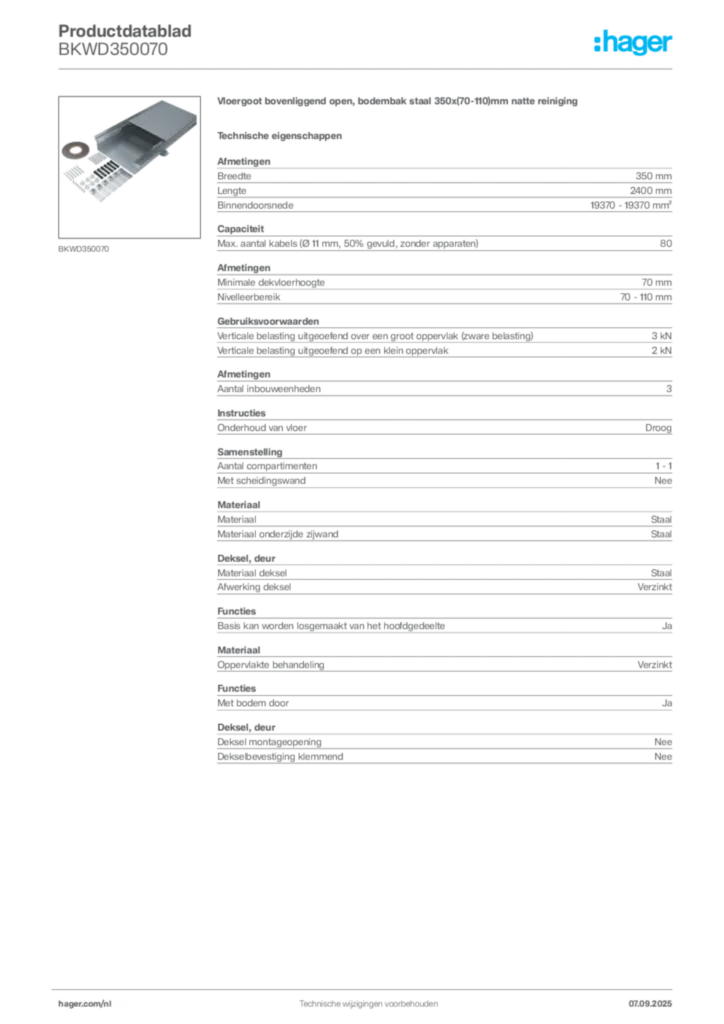 Afbeelding Hager Productdatablad BKWD350070 | Hager Nederland