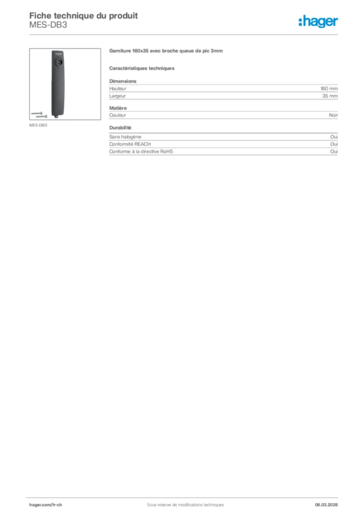 Image Hager Fiche technique du produit MES-DB3 | Hager Suisse