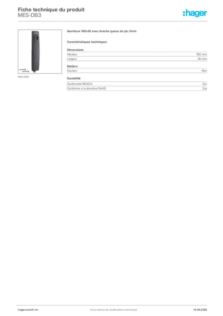 Image Hager Fiche technique du produit MES-DB3 | Hager Suisse