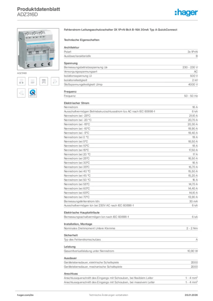 Hager Produktdatenblatt ADZ316D