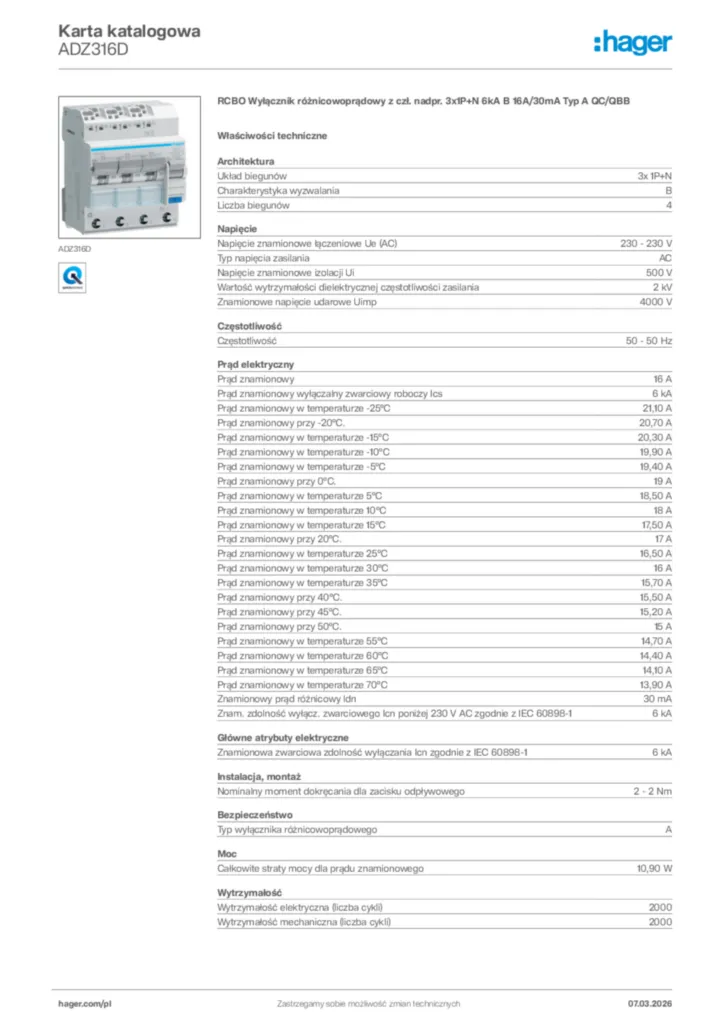 Zdjęcie Hager Karta katalogowa ADZ316D | Hager Polska