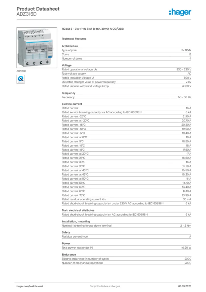 Image Hager Product data sheet ADZ316D  | Hager