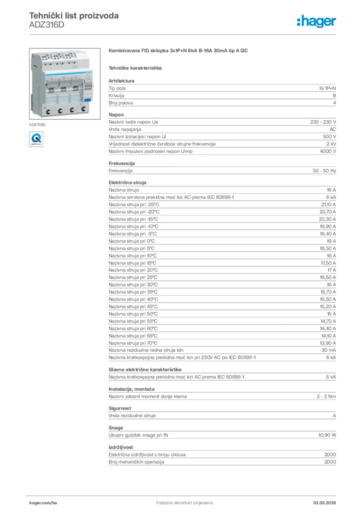 Slika Hager Tehnički list proizvoda ADZ316D  | Hager