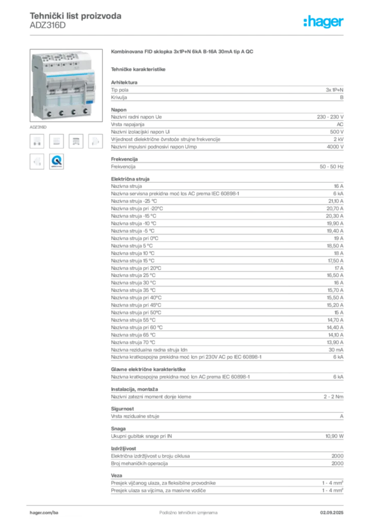 Slika Hager Tehnički list proizvoda ADZ316D  | Hager