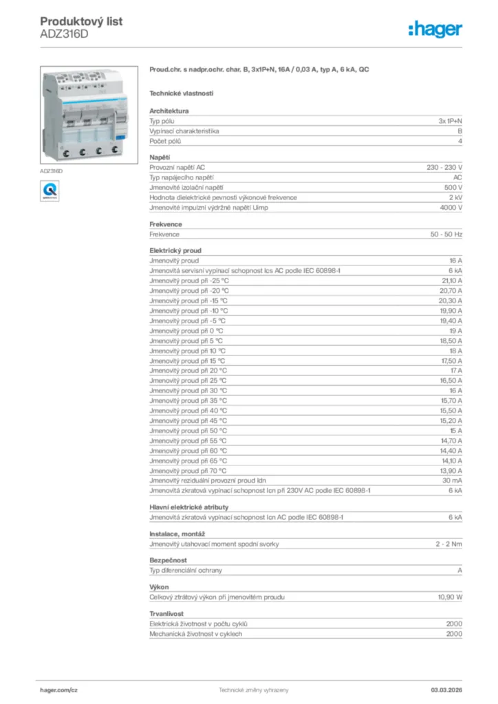 Obrázek Hager Product data sheet ADZ316D | Hager