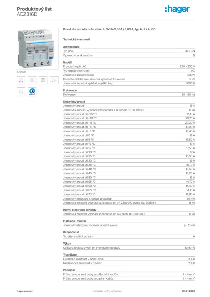 Obrázek Hager Product data sheet ADZ316D | Hager
