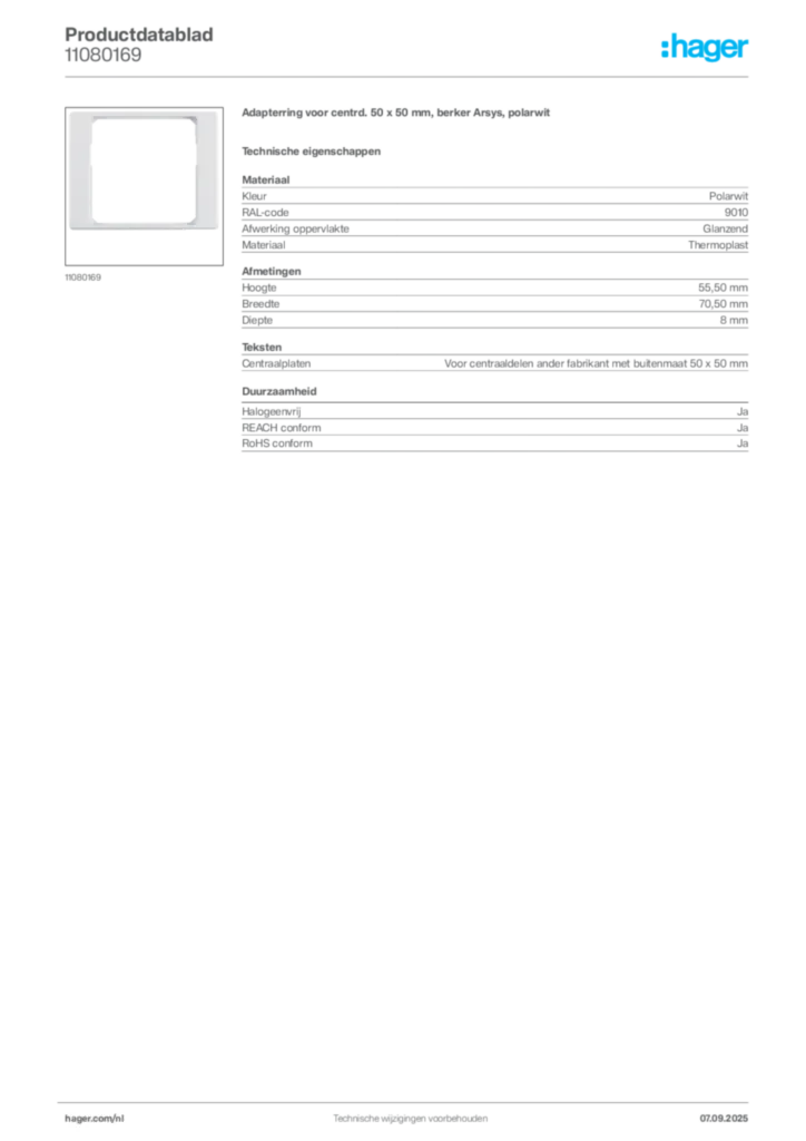 Afbeelding Hager Productdatablad 11080169 | Hager Nederland