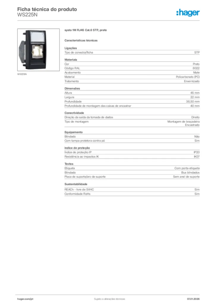 Imagem Hager Ficha técnica do produto WS225N | Hager Portugal