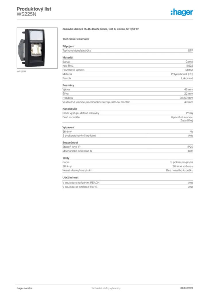 Obrázek Hager Product data sheet WS225N | Hager
