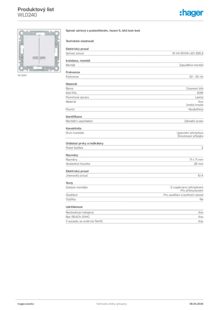 Obrázek Hager Product data sheet WL0240 | Hager
