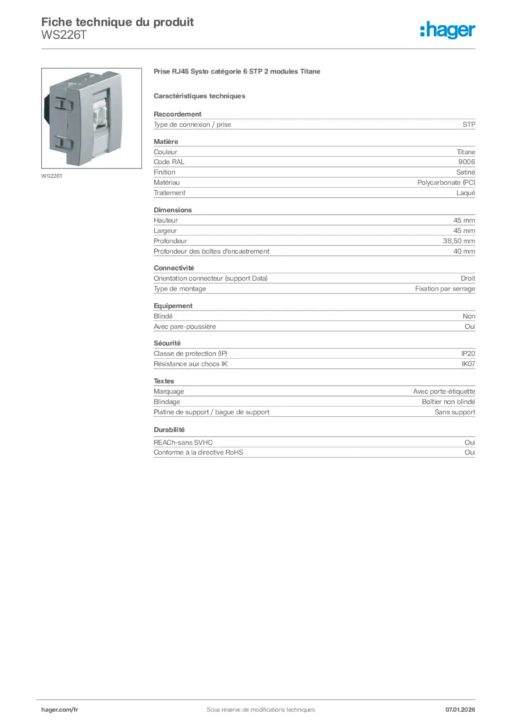 Image Hager Fiche technique du produit WS226T | Hager France