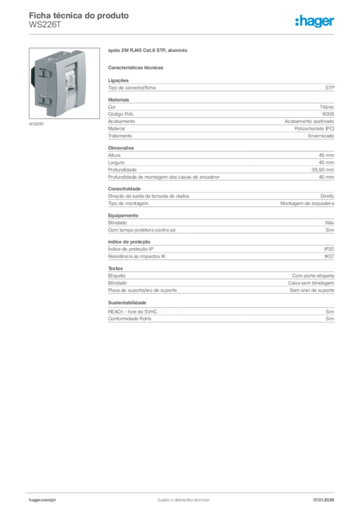 Imagem Hager Ficha técnica do produto WS226T | Hager Portugal