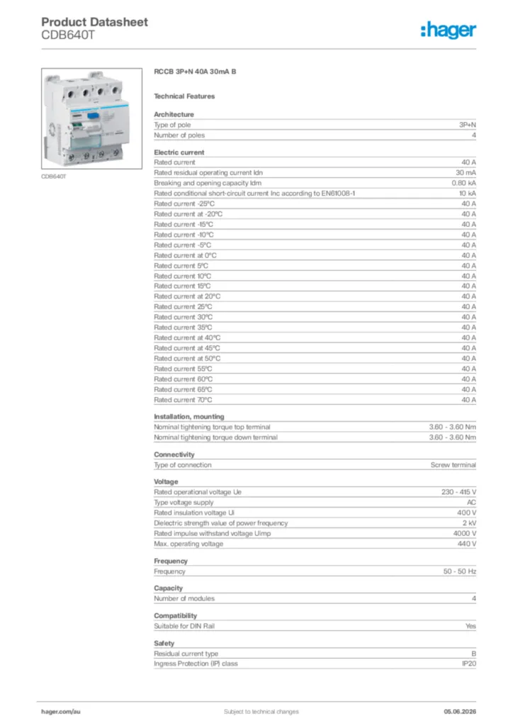Image Hager Product data sheet CDB640T  | Hager Australia