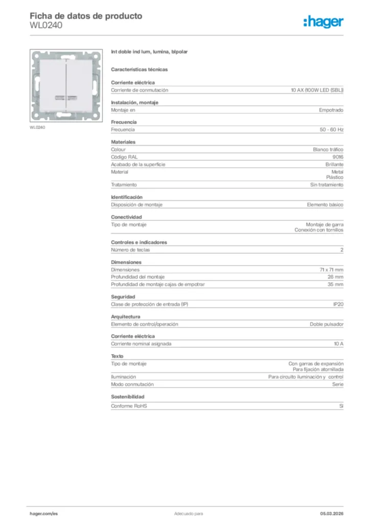 Imagen Hager Ficha de datos de producto WL0240 | Hager España
