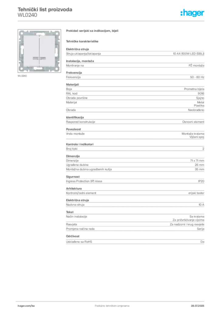 Slika Hager Product data sheet WL0240  | Hager
