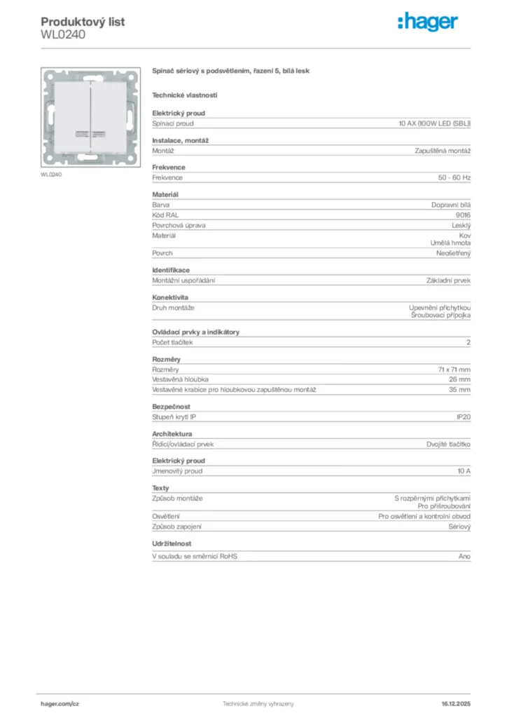 Obrázek Hager Produktový list WL0240 | Hager