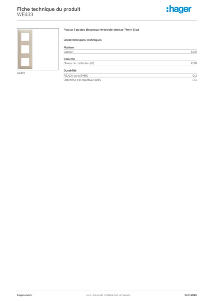 Image Hager Fiche technique du produit WE433 | Hager France