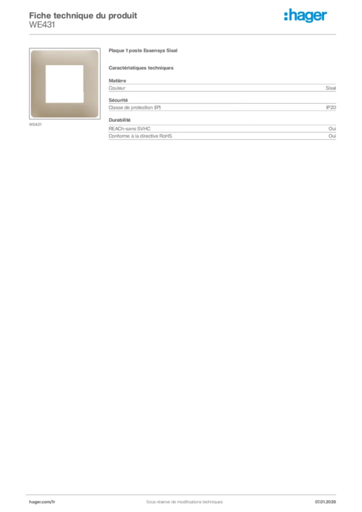 Image Hager Fiche technique du produit WE431 | Hager France