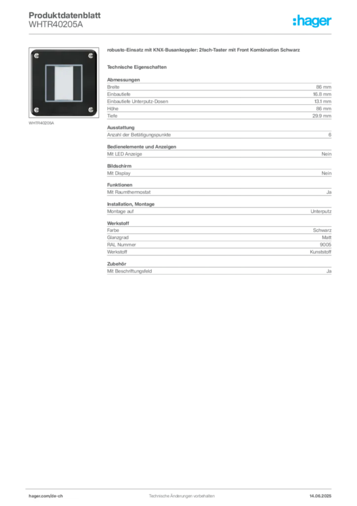 Bild Hager Produktdatenblatt WHTR40205A | Hager Schweiz