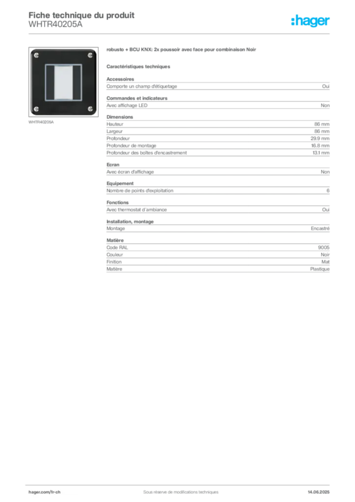 Image Hager Fiche technique du produit WHTR40205A | Hager Suisse