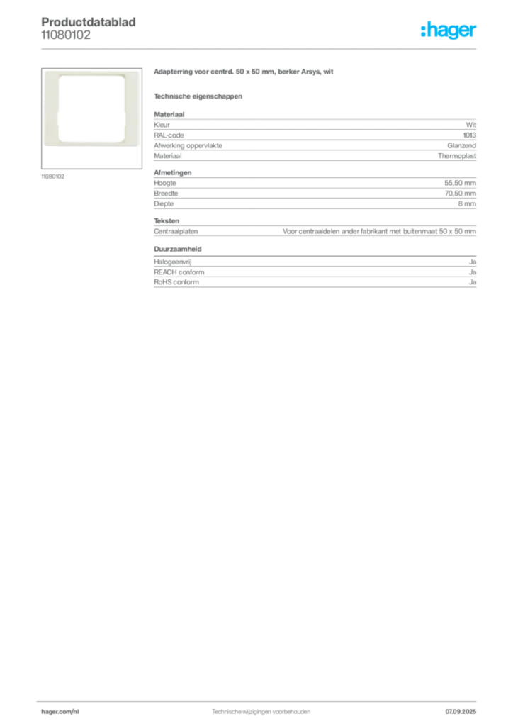 Afbeelding Hager Productdatablad 11080102 | Hager Nederland