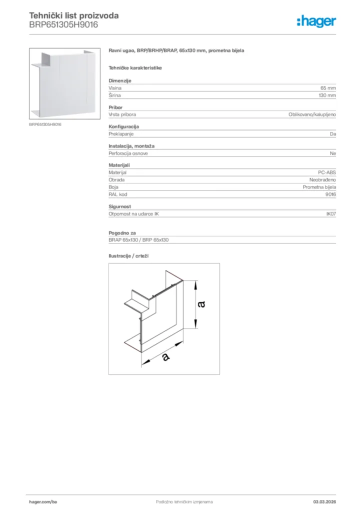 Slika Hager Tehnički list proizvoda BRP651305H9016  | Hager