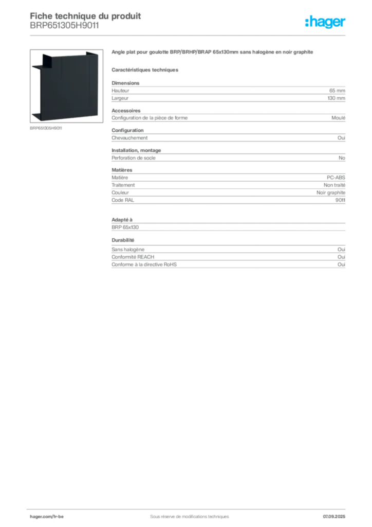 Image Hager Fiche technique du produit BRP651305H9011 | Hager Belgique