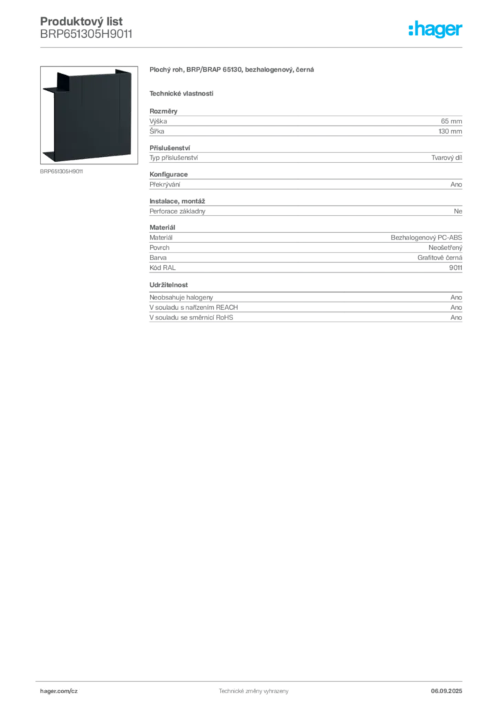 Obrázek Hager Produktový list BRP651305H9011 | Hager