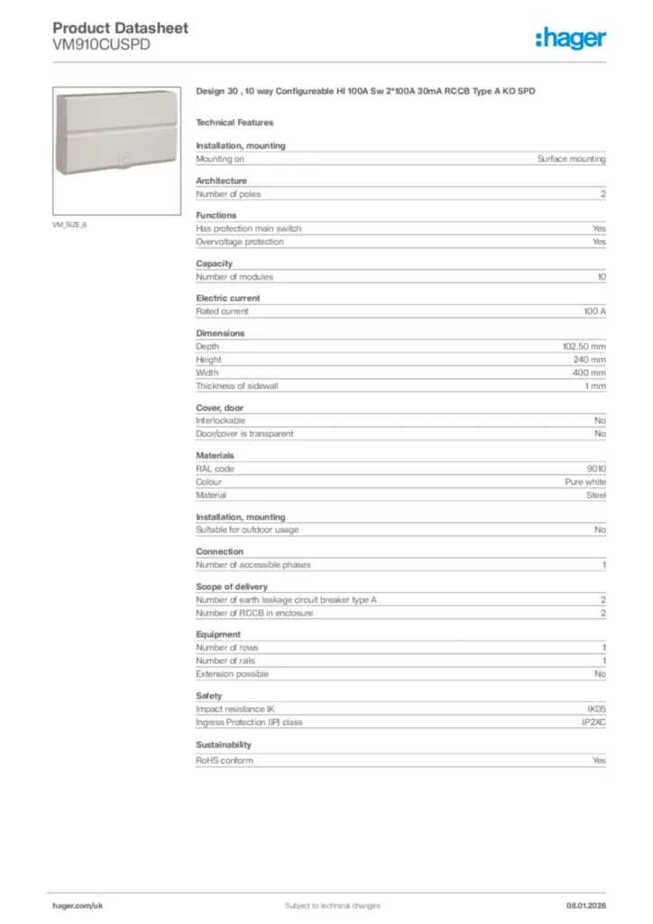 Image Hager Product data sheet VM910CUSPD  | Hager