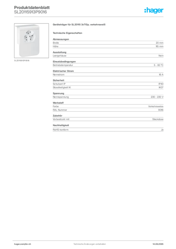 Bild Hager Produktdatenblatt SL20115913P9016 | Hager Schweiz