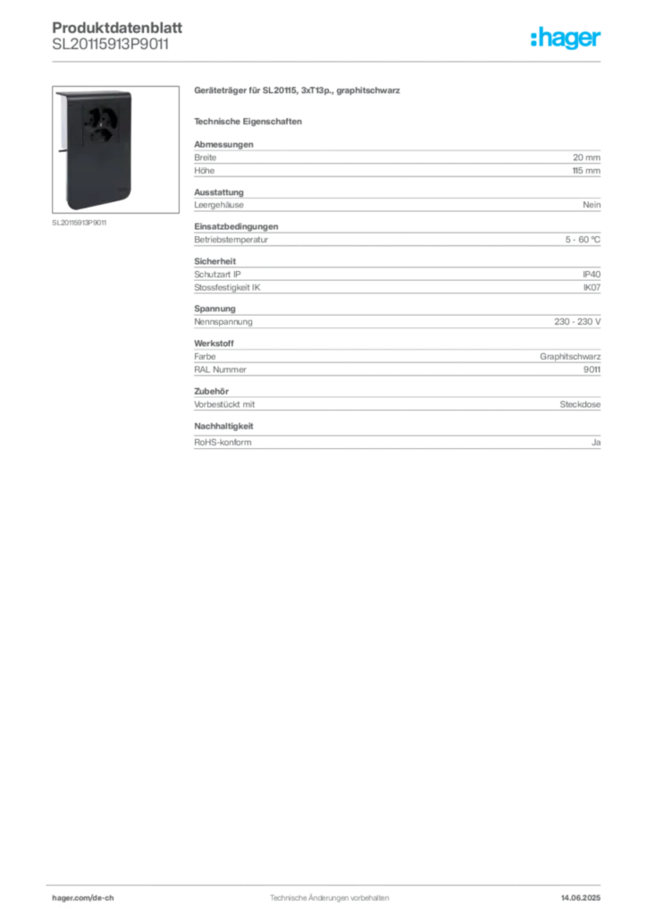 Bild Hager Produktdatenblatt SL20115913P9011 | Hager Schweiz