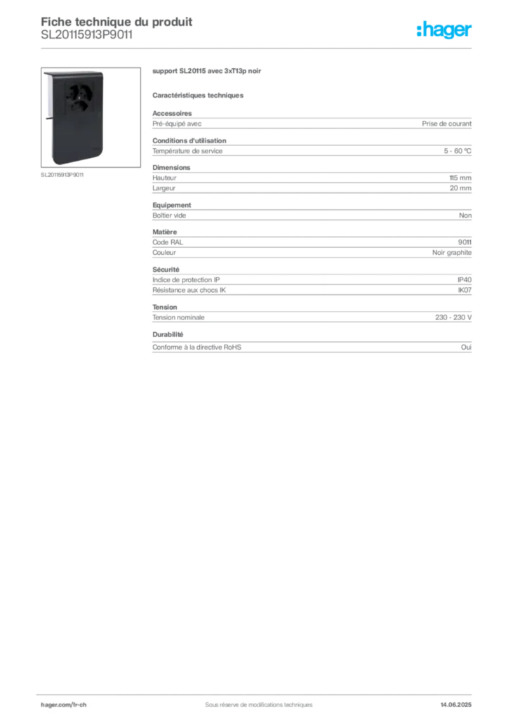 Image Hager Fiche technique du produit SL20115913P9011 | Hager Suisse