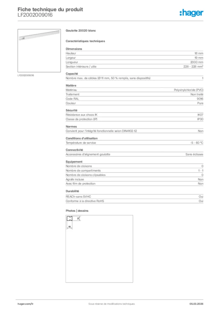 Image Hager Fiche technique du produit LF2002009016 | Hager France