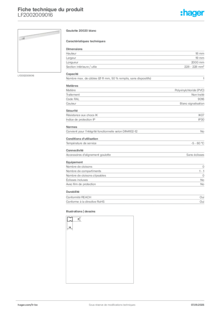Image Hager Fiche technique du produit LF2002009016 | Hager Belgique