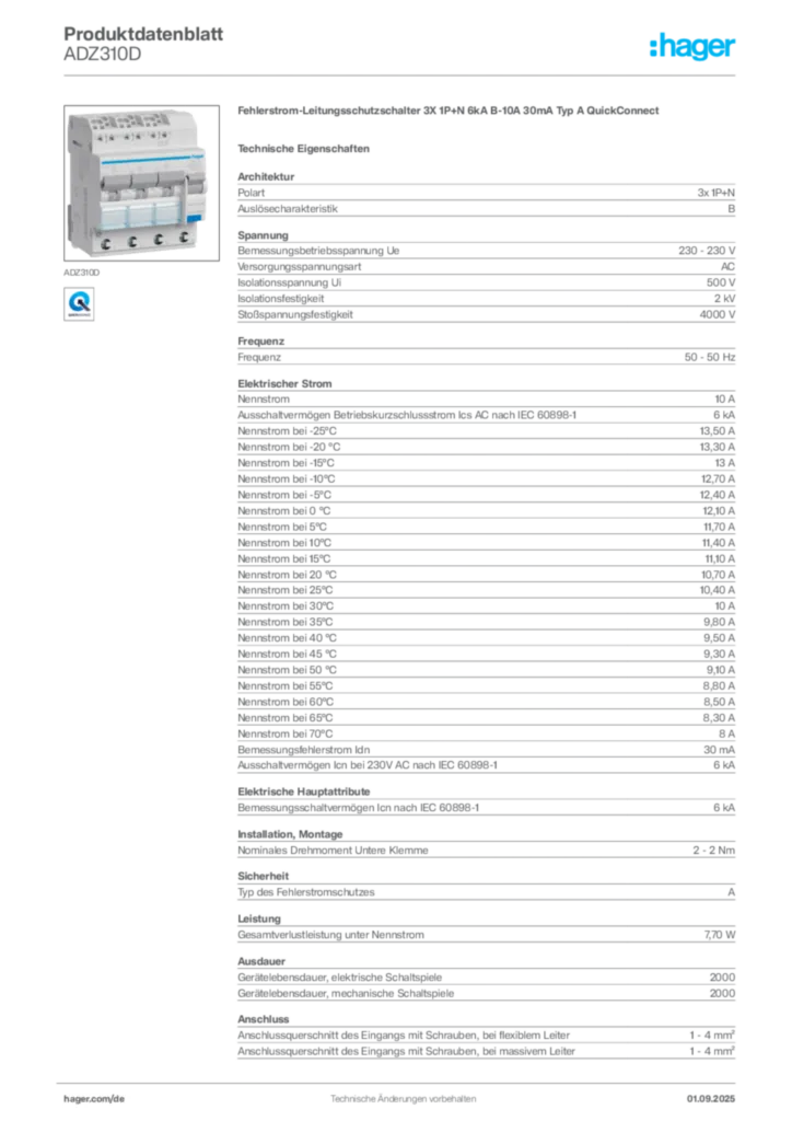Hager Produktdatenblatt ADZ310D