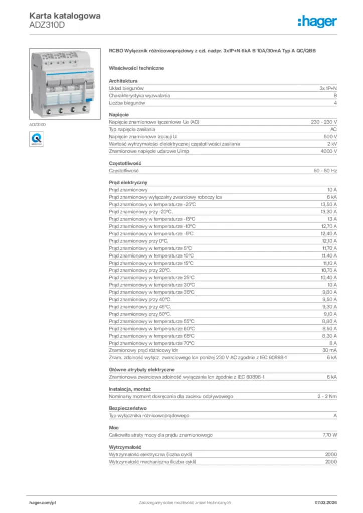 Zdjęcie Hager Karta katalogowa ADZ310D | Hager Polska
